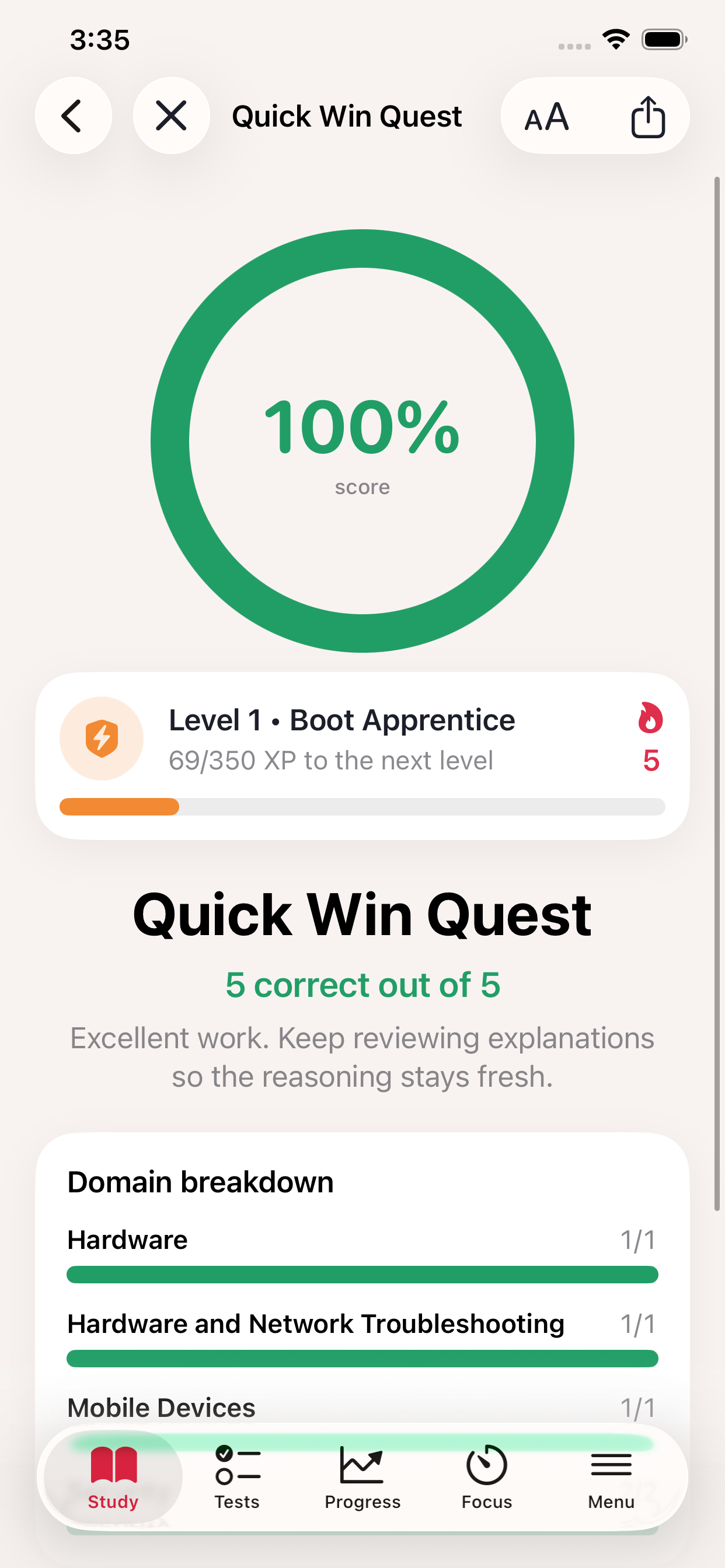 CompTIA A+ Focus Lab Quick Win Quest results screen