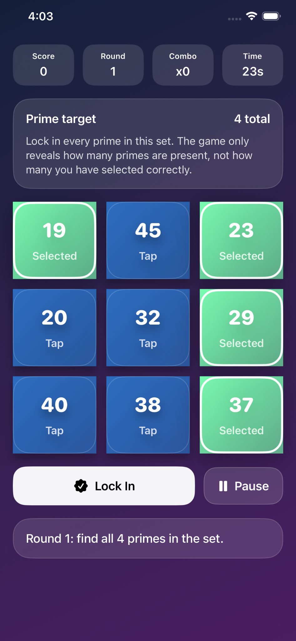 Destination Prime math game screen