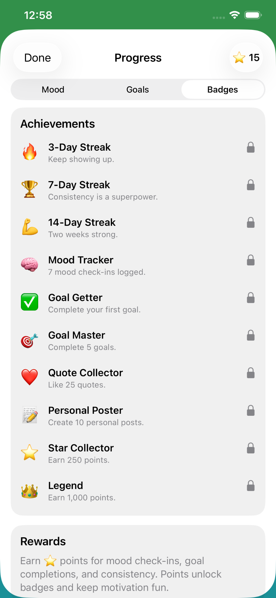 Inspire Me Now progress and badges screen