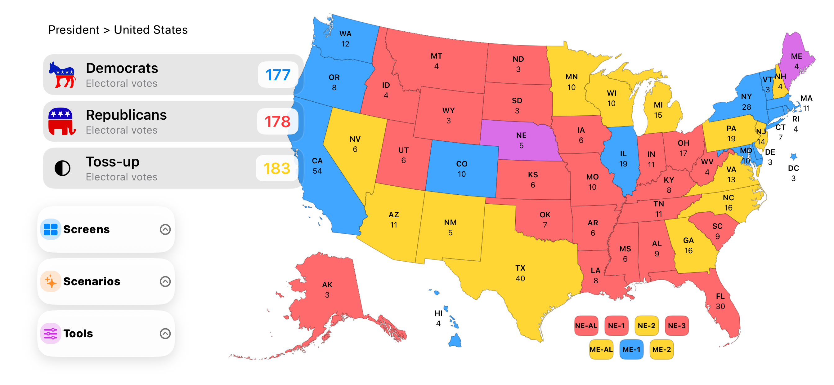 US Election Simulator presidential election map on iPad