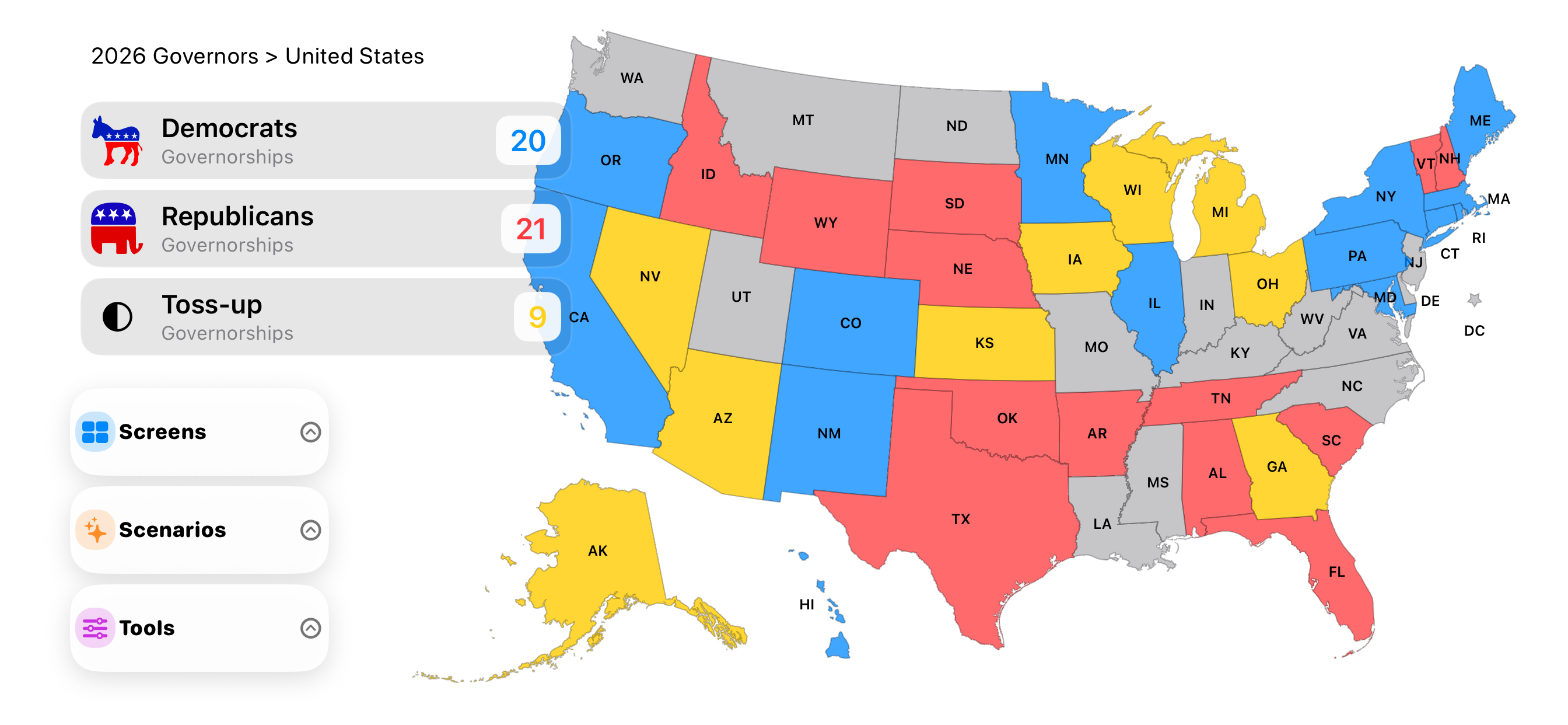 US Election Simulator Governors map screenshot
