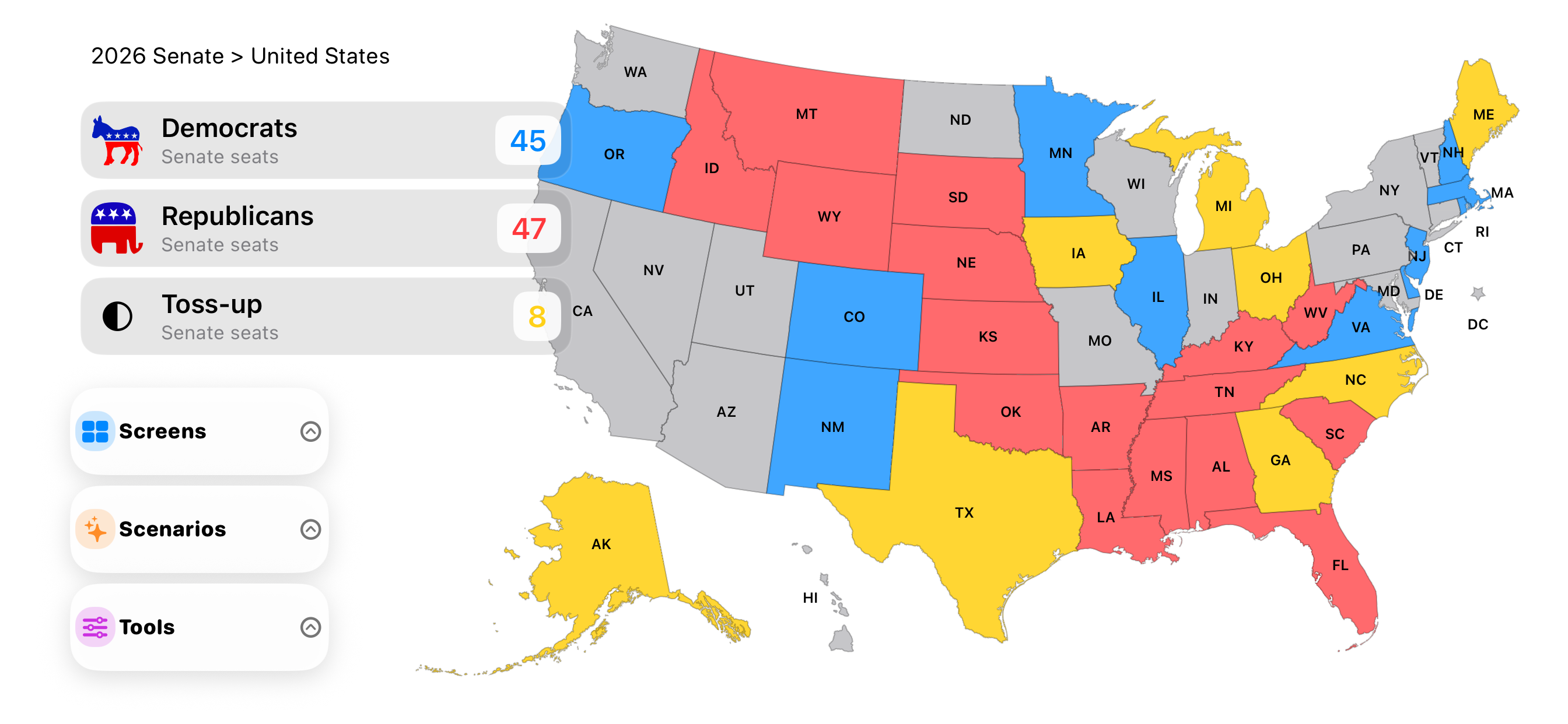 US Election Simulator Senate map screen